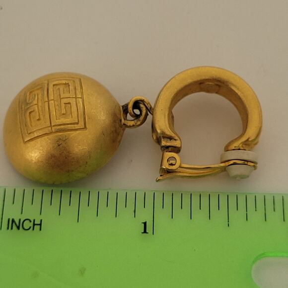 Vintage Givenchy Drop Gold Tone Clip on Earrings Round Glam Statment Logo Retro - Picture 10 of 11